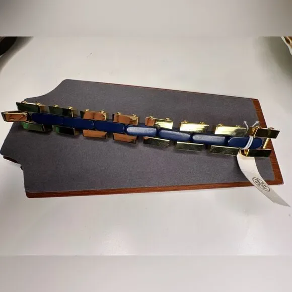 Tory Burch Logo Link Chunky Bangle Bracelet Blue Gold Enamel Chain NWT MSRP $299 - Picture 8 of 10